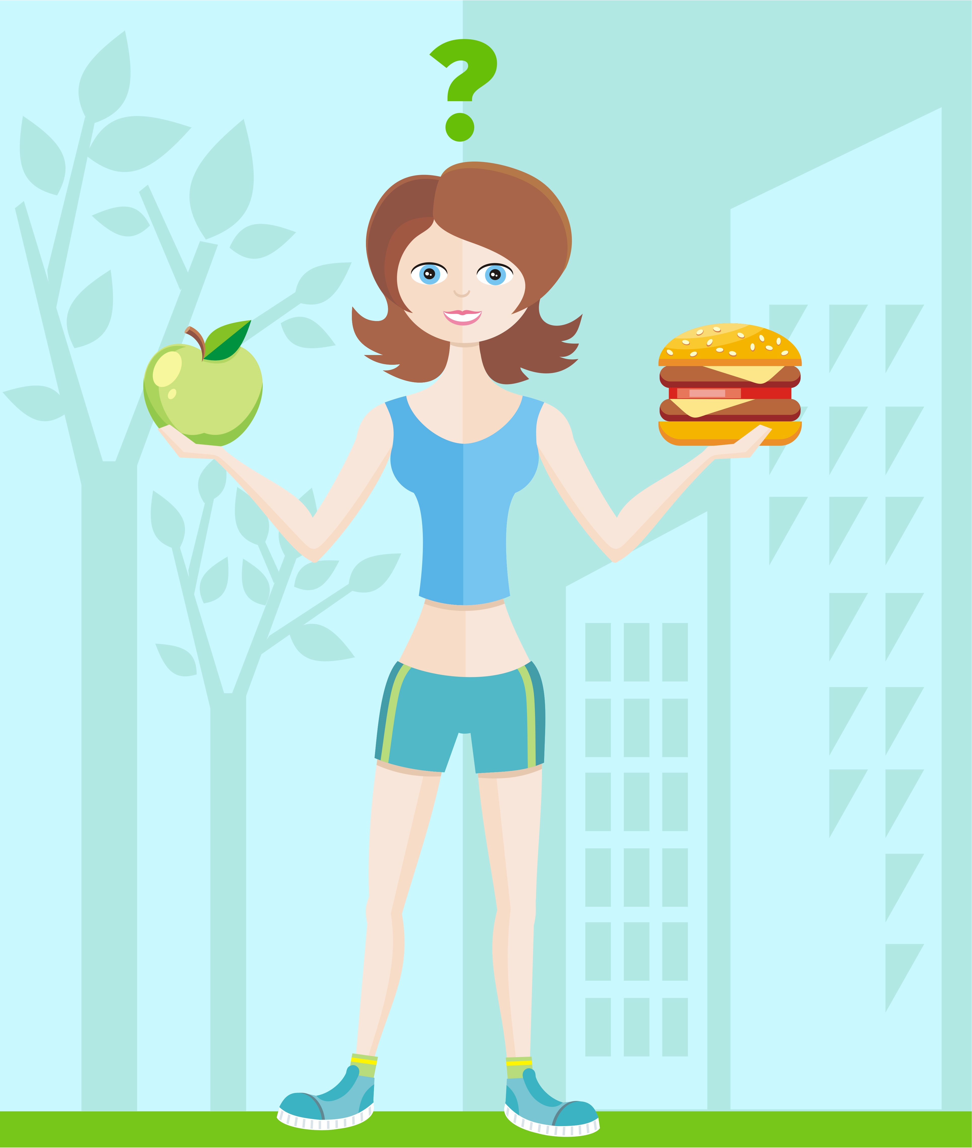 Healthy lifestyle and dieting concept with woman in sportswear choosing between eat green apple or hamburger.