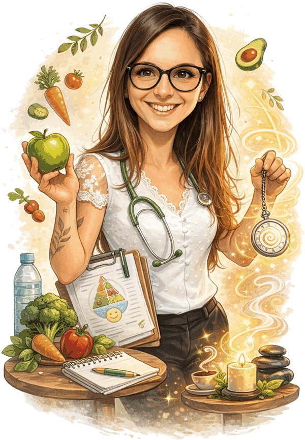 Illustration de Mélodie Noël, une pomme verte dans une main et une montre d'hypnose dans l'autre, entourée de légumes, d'eau et d'une bougie