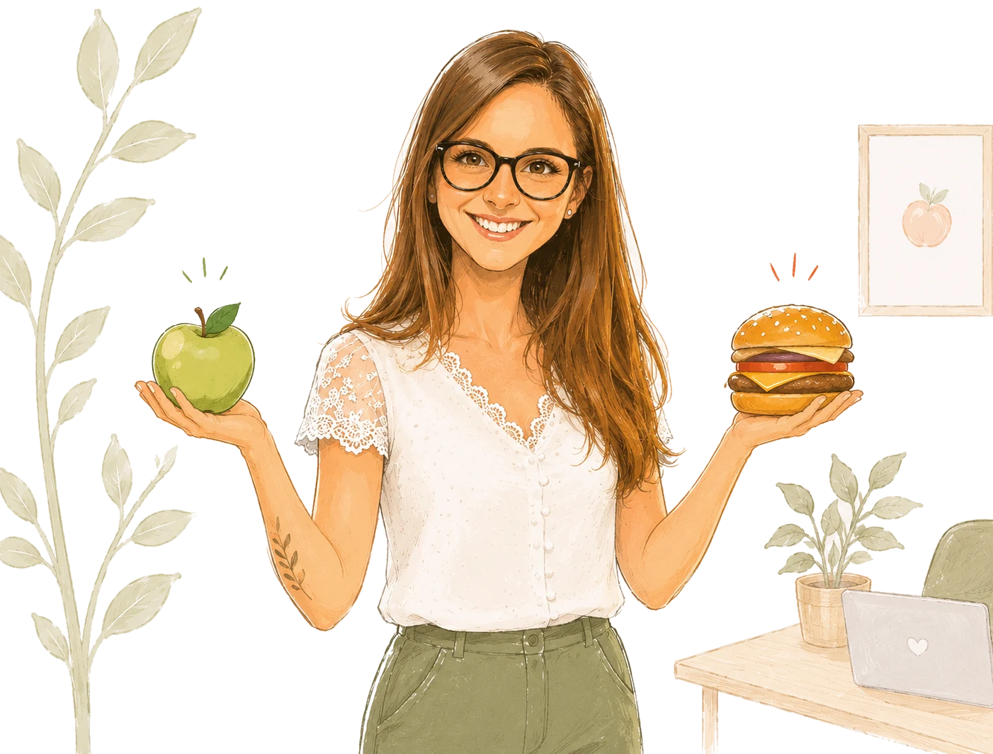 Illustration : Mélodie Noël tenant une pomme verte d'une main et un burger de l'autre